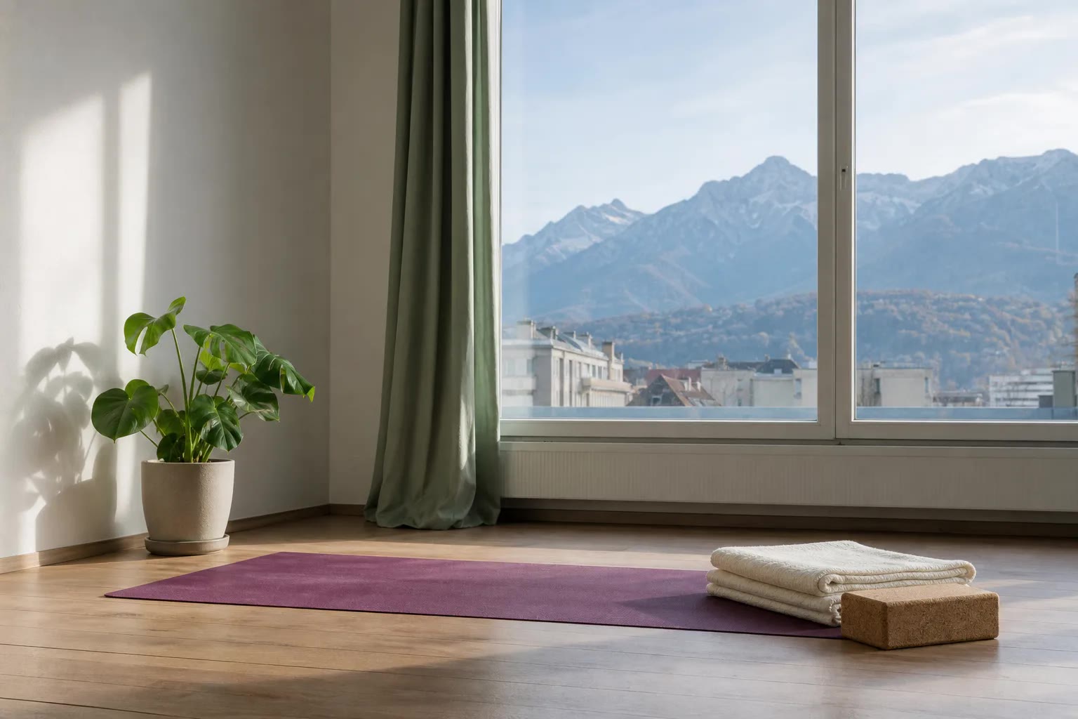 Ambiance douce autour d’un tapis de yoga et d’accessoires de pratique