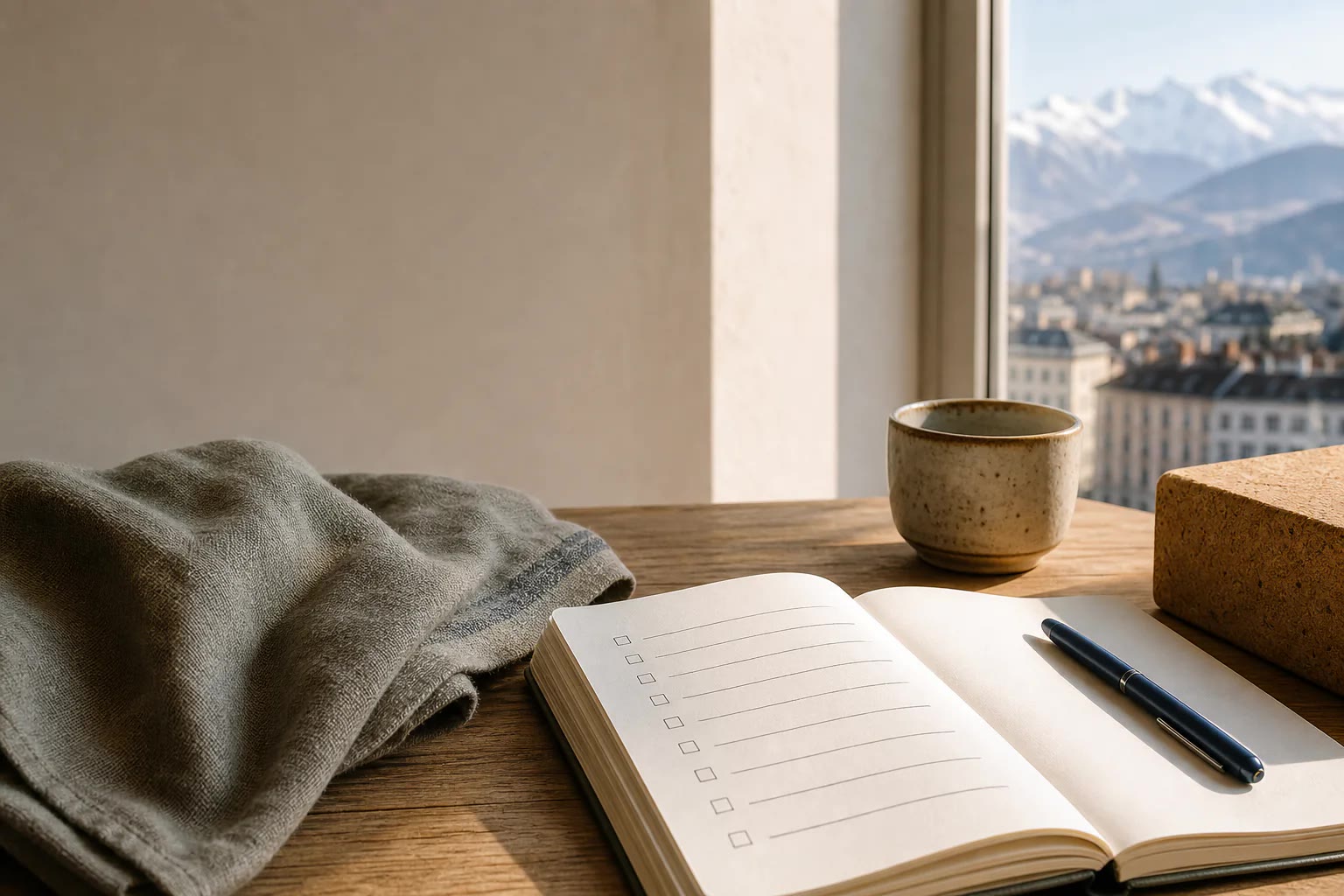Carnet, tasse et lumière douce pour préparer une première séance bien-être