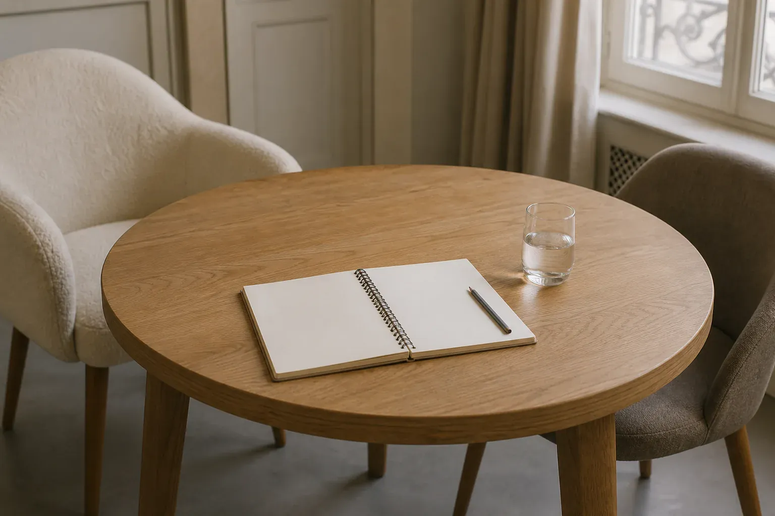 Carnet ouvert, verre d’eau et deux fauteuils autour d’une table.