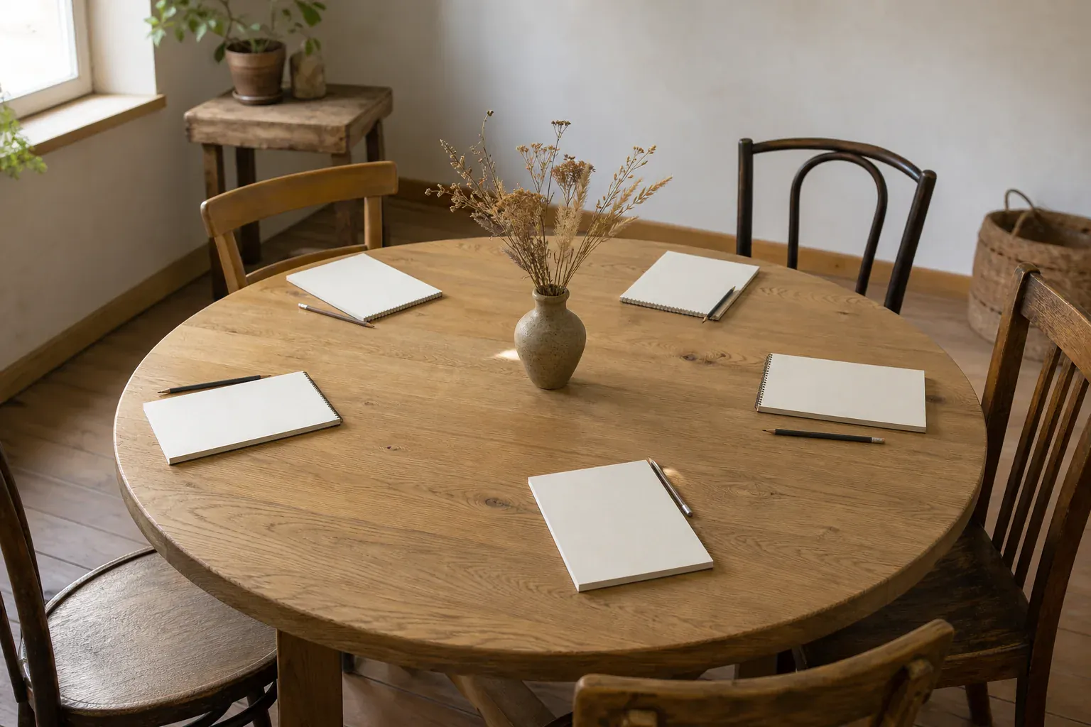 Table ronde préparée avec des carnets et des crayons pour un petit groupe.