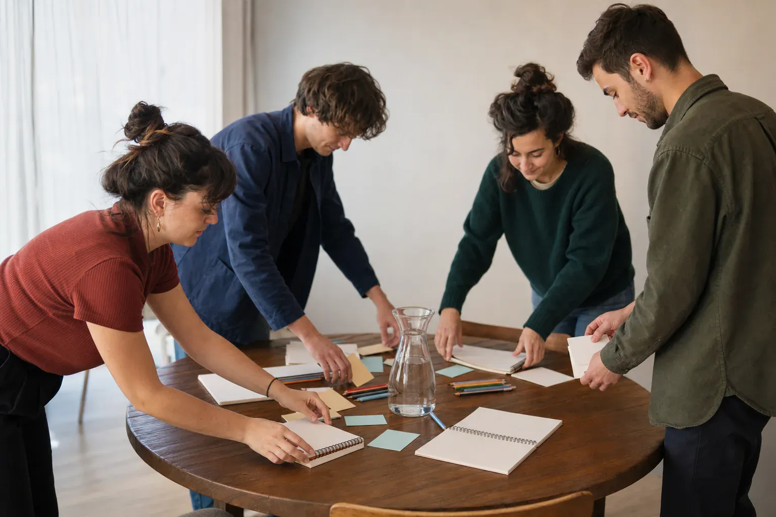 Petit groupe préparant un atelier autour d’une table avec des carnets et du matériel.