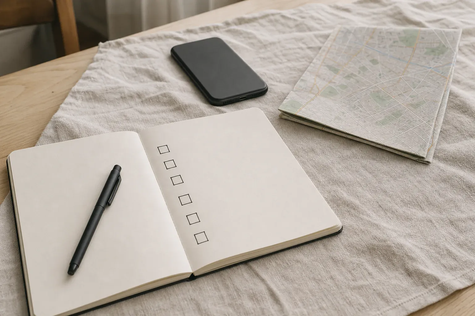 Carnet à cases, téléphone et carte posés sur une table en lin.
