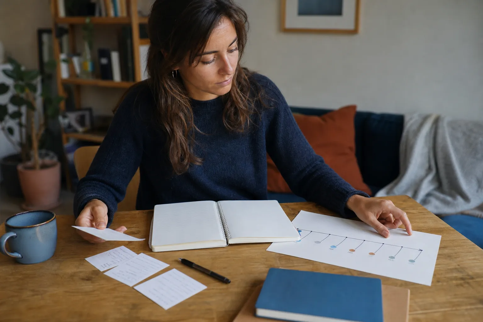 Jeune femme comparant une chronologie de séances et des notes dans un carnet.