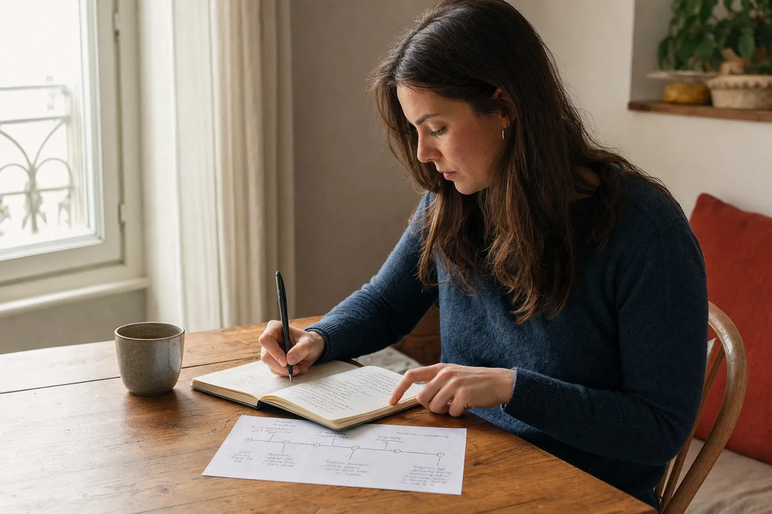 Jeune femme assise à une table, un carnet ouvert et une chronologie devant elle.