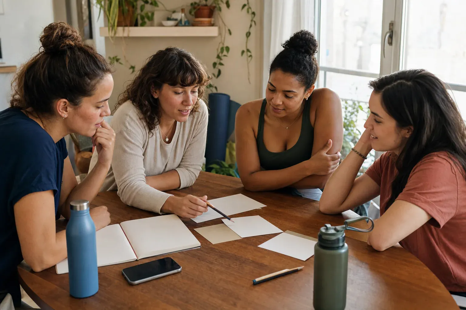 Groupe de jeunes femmes préparant ensemble le programme d’une journée.