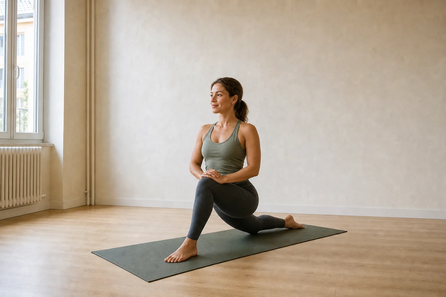 Jeune femme pratiquant une fente basse sur un tapis de yoga dans une pièce lumineuse.