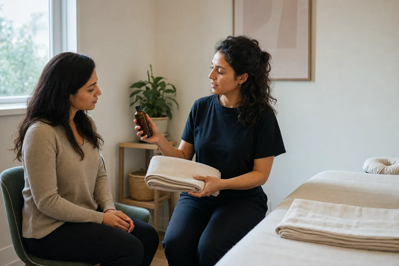 Deux jeunes femmes regardant un flacon d’huile neutre et du linge avant un massage.