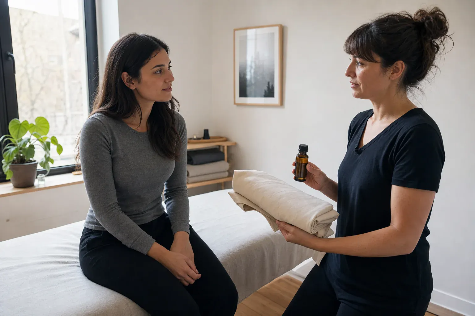 Deux jeunes femmes examinant un flacon neutre et le linge préparé près d’une table de massage.