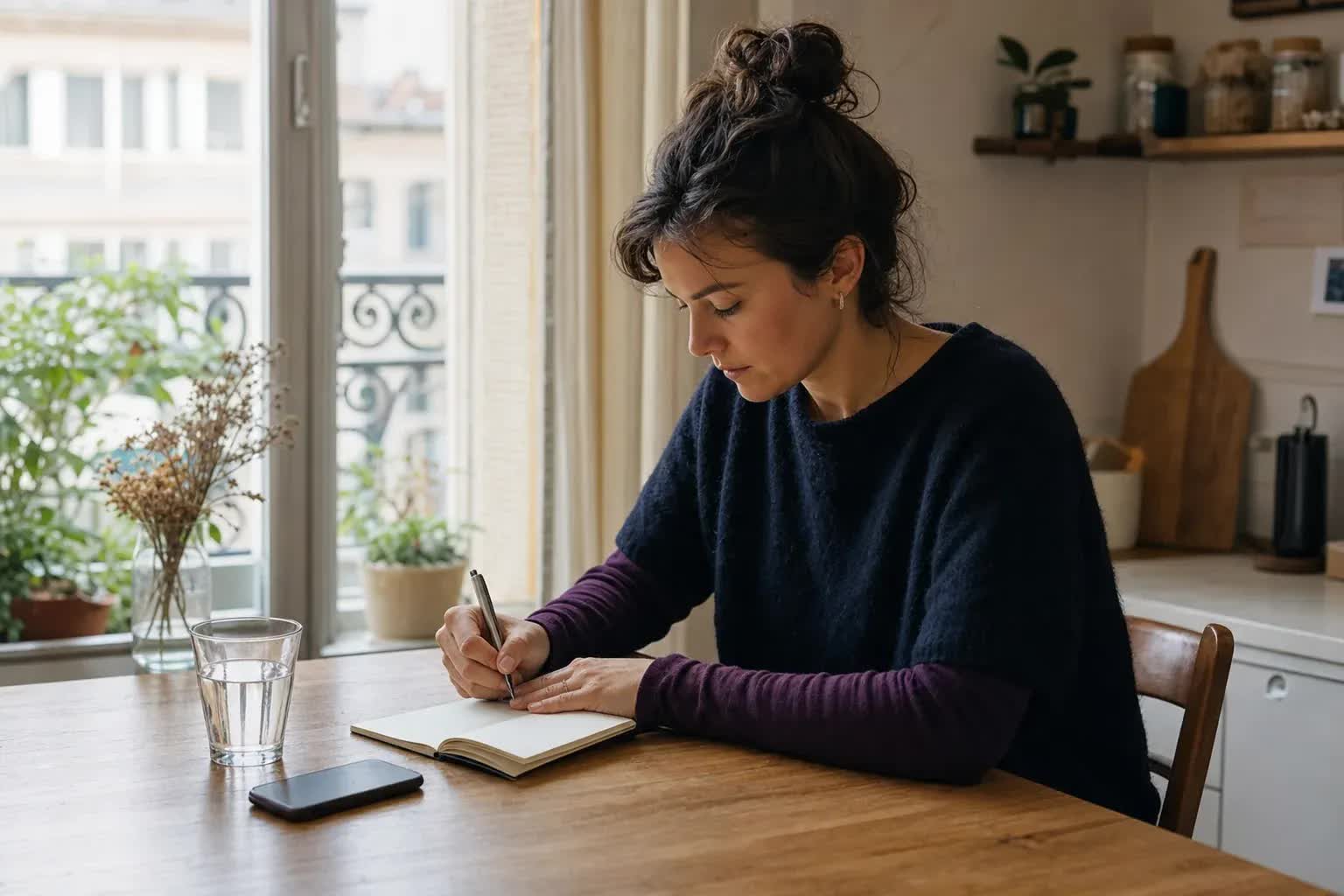 Jeune femme écrivant dans un carnet à une table lumineuse.