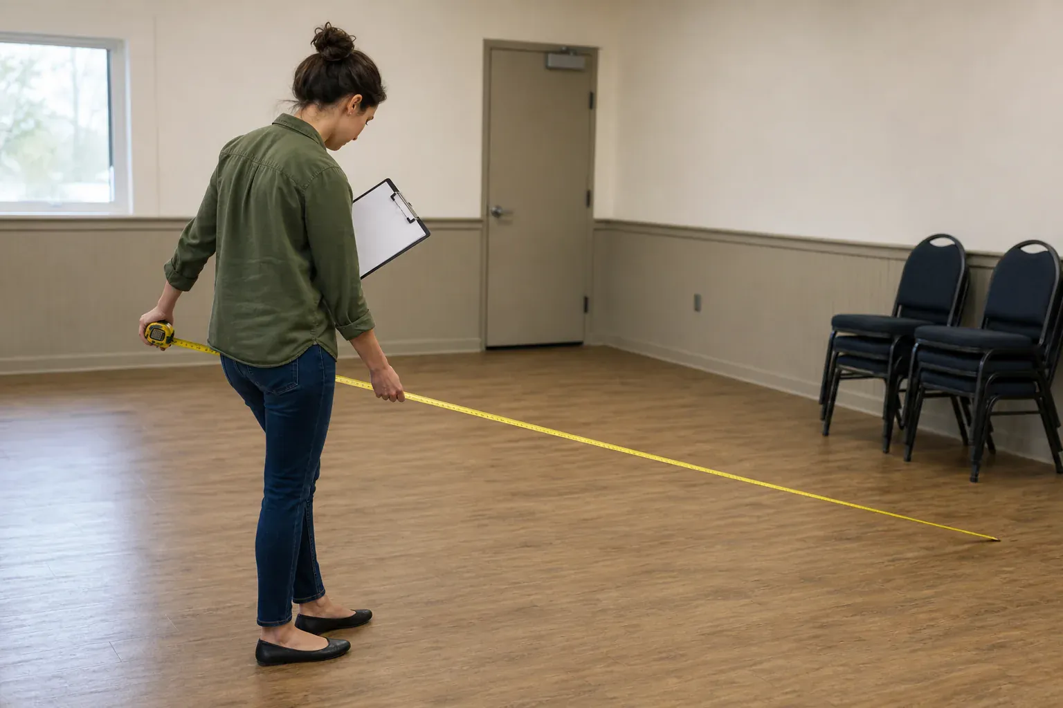 Jeune femme mesurant l’espace libre d’une salle polyvalente pendant une visite.